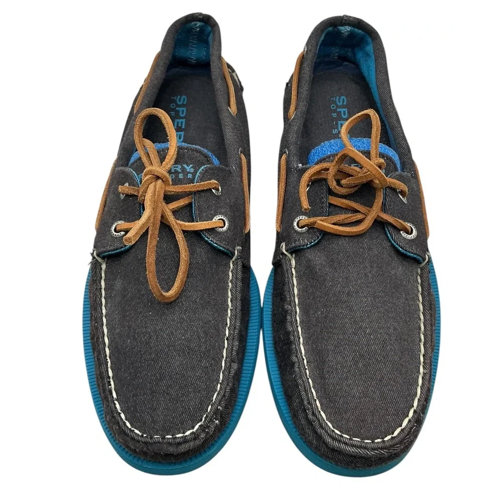Sperry Top-Sider Mens 12M Black Fabric Boat Shoes Turquoise Sole 1049265 Loafers